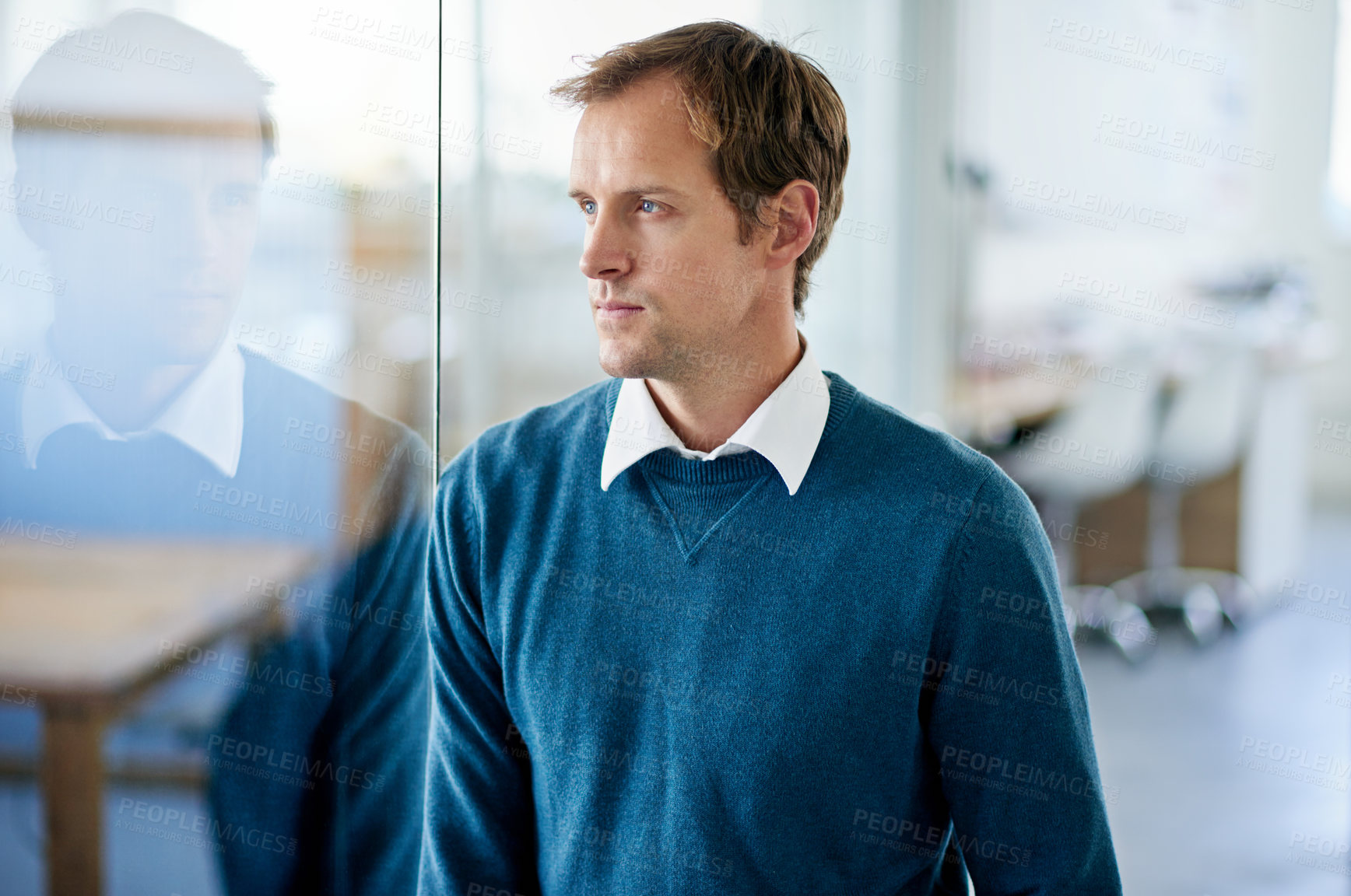 Buy stock photo Businessman, thinking and window in office with memory, brainstorming and vision for target. Plan, glass and man in workspace with thought, ideas or scheme for problem solving or development