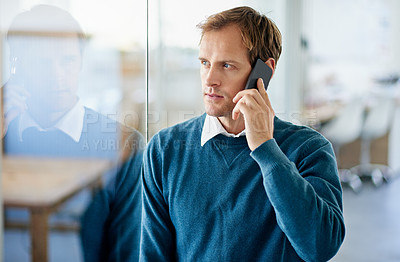 Buy stock photo Businessman, thinking and planning in office with phone call to client with real estate decision to invest. Property, realtor and chat to contact with idea for future in business, deal or investment
