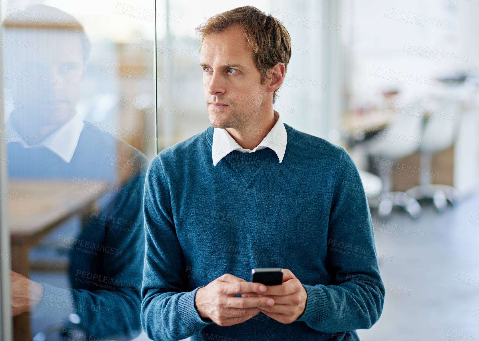 Buy stock photo Thinking, smartphone and business man in office for email, networking or browsing website. Professional, financial consultant and male person in thought for communication, information or social media