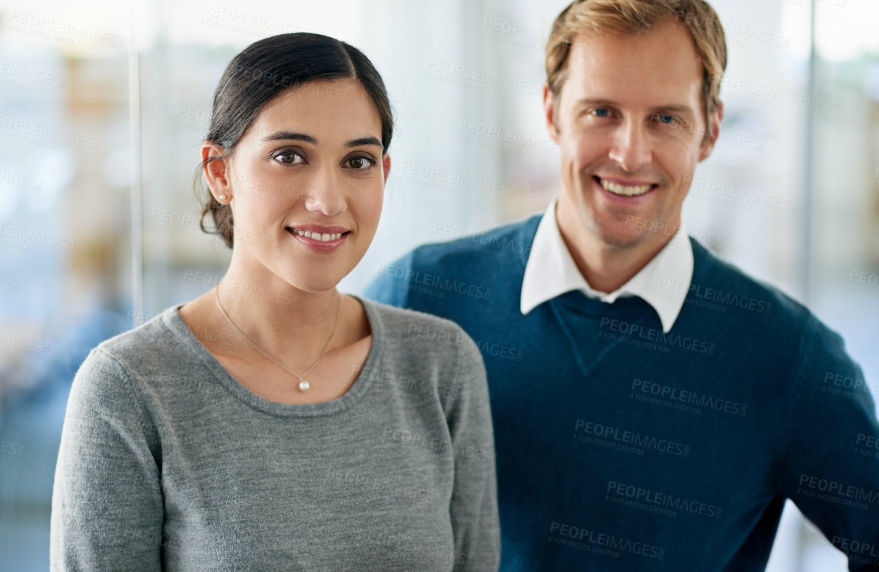 Buy stock photo Man, woman and office with smile in portrait for career, investment consultant or corporate. Business, coworking or together and happy in workplace for finance industry, banking in Los Angeles