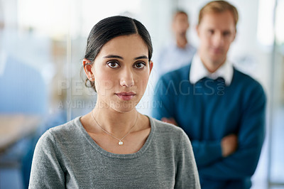 Buy stock photo Portrait, Indian woman and confident as employee in office for career or job growth with opportunity. Female person, face and satisfied with pride as graphic designer in startup company or business
