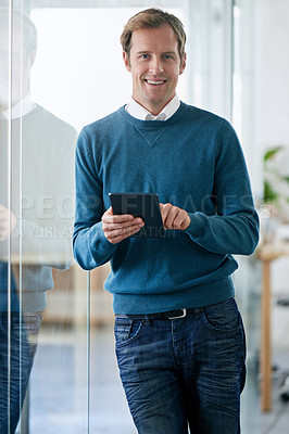 Buy stock photo Portrait, businessman and tablet with smile in office by leaning on glass at workplace as financial advisor. Working, male person and technology in business, corporate or startup with positivity
