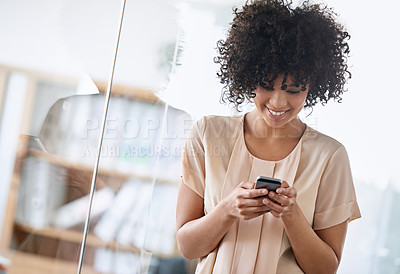 Buy stock photo Reading, mobile and happy business woman in office for email, networking or browsing website. Professional, human resources and employee with smartphone for communication, social media or information