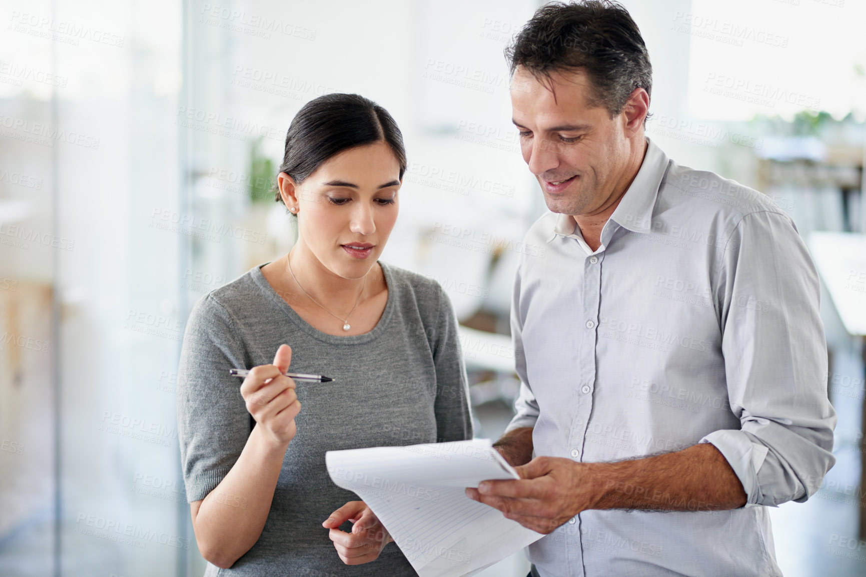 Buy stock photo Smile, employee and notepad at office for collaboration, teamwork and information as project manager. People, feedback and document with report, reviews and ideas or agenda for training and support