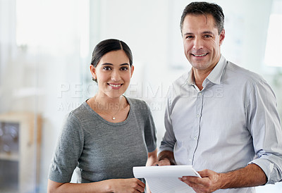 Buy stock photo Smile, employee and notepad at office for collaboration, teamwork and information as project manager. People, portrait and feedback with document for report, reviews and ideas for training agenda