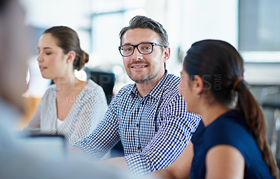 Buy stock photo Man, portrait and office for meeting, teamwork and planning for creative startup with collaboration. Businessman, colleagues and web designer with glasses, confidence and growth or development
