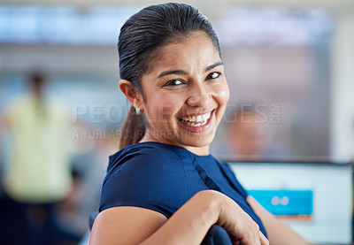 Buy stock photo Portrait of a beautiful young businesswoman sitting at her laptop