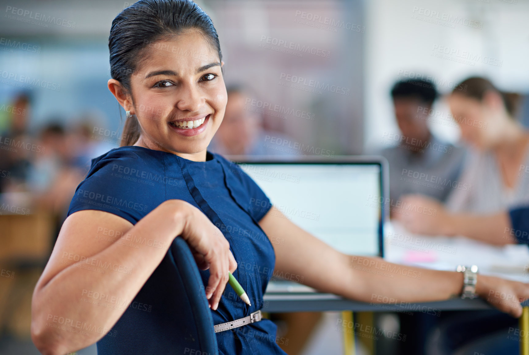 Buy stock photo Smile, meeting and portrait of business woman with laptop in office for finance research with team. Happy, confident and female financial advisor with computer for corporate budget plan discussion.