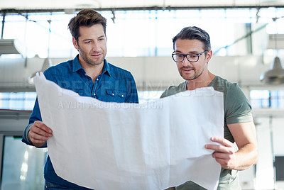 Buy stock photo Architecture, business people and planning with blueprint in office for creativity, teamwork and concentrate on paper. Architects, men and collaboration in floor plan project, talking and cooperation