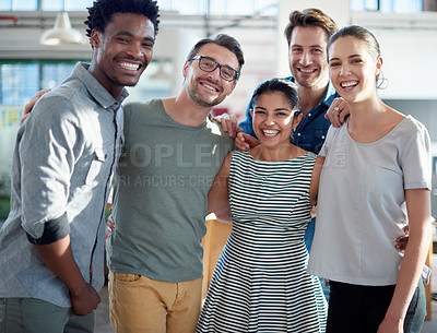 Buy stock photo Portrait, office and teamwork at startup business, collaboration and diversity at work for company unity. Happy group, employees and partnership, staff and smile together with people for project