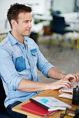 Buy stock photo Typing, keyboard and businessman with computer in office for online creative research with career. Technology, reading and male copywriter working on desktop for public relations website in workplace