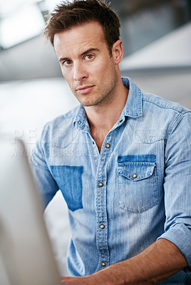 Buy stock photo Portrait, serious and business man in office startup, company or workplace for career in Sweden. Professional, creative entrepreneur or face of confident employee, worker or editor on computer at job