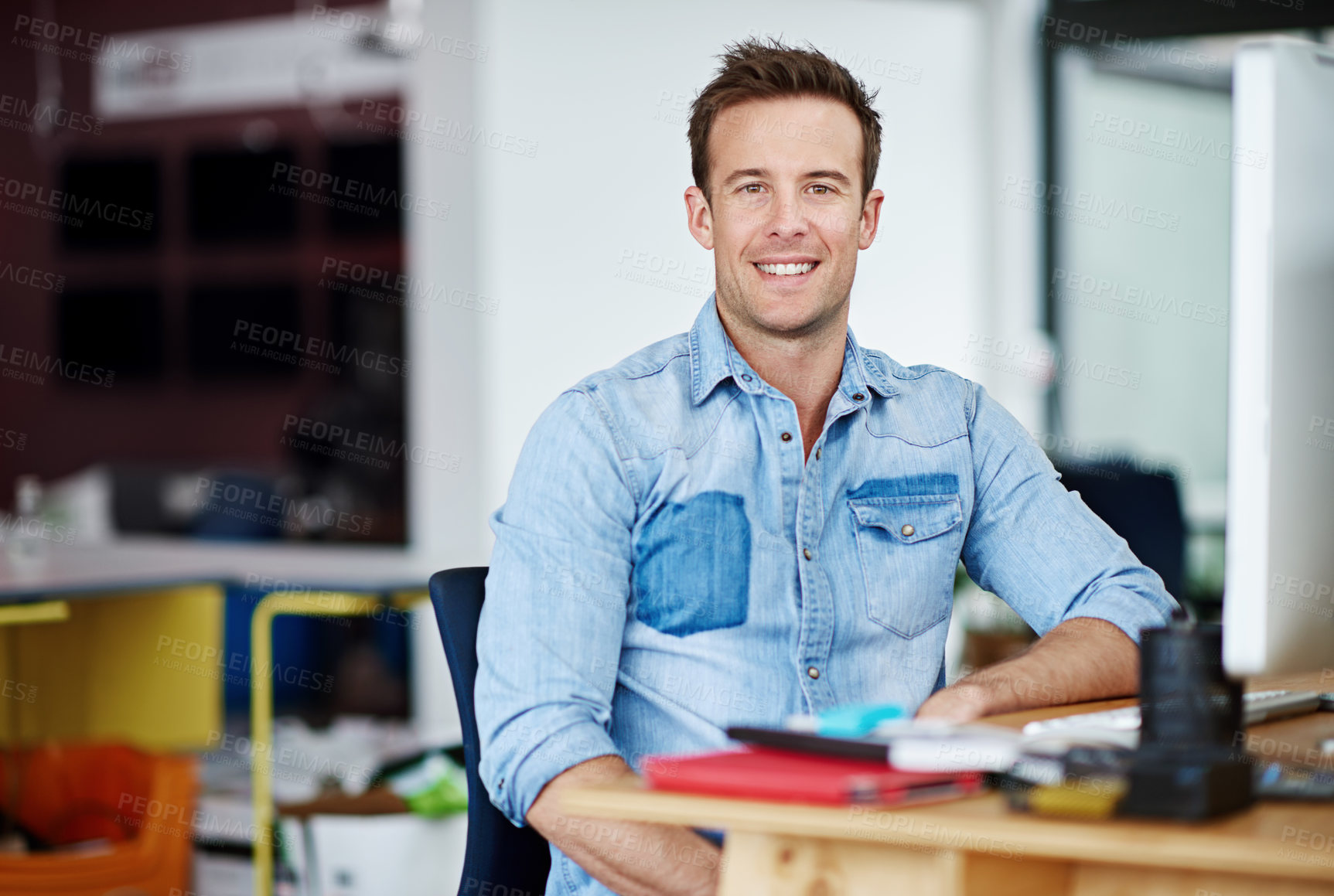 Buy stock photo Portrait, smile and creative business man in office at startup, company or workplace for career in Germany. Happy professional, entrepreneur and face of confident employee, worker or designer at job