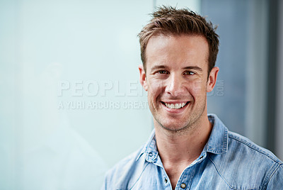 Buy stock photo Portrait, creative and happy business man in office at startup, company or workplace for career on mockup space. Face, professional entrepreneur and smile of employee, worker or designer in Greece