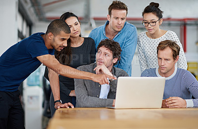Buy stock photo Business people, teamwork and meeting with thinking and  laptop for creative insight with vision for company project. Group of employees, team and computer for planning or brainstorming proposal