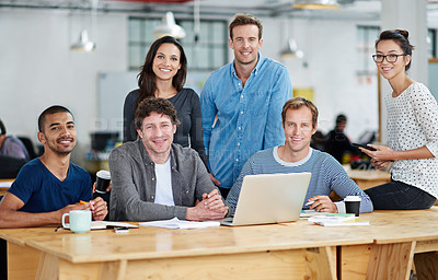 Buy stock photo Portrait of a group of colleagues working together in a casual work environment