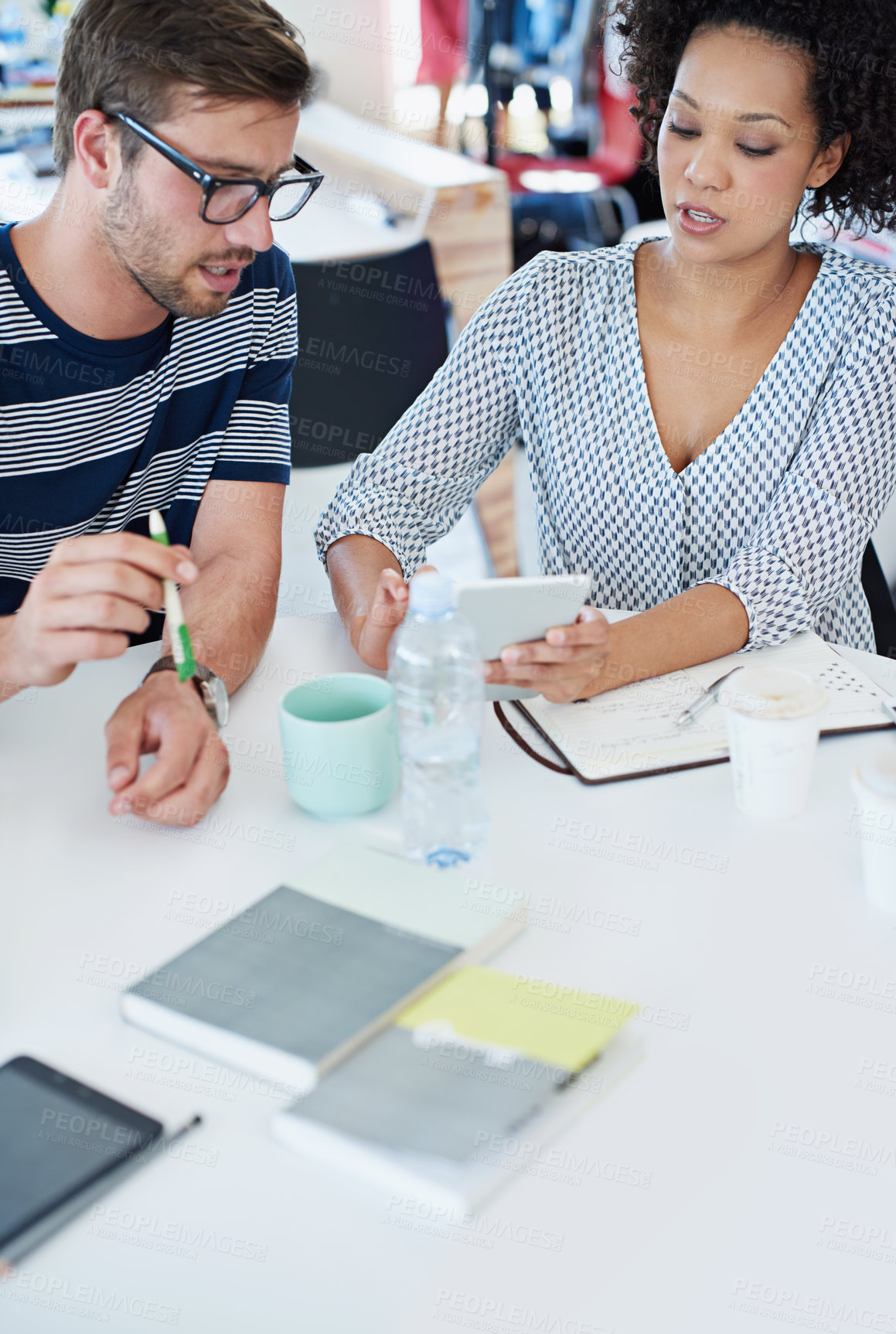Buy stock photo Tablet, discussion and team of business people in meeting for brainstorming startup idea. Digital technology, collaboration or project strategy for creative web designer planning software development
