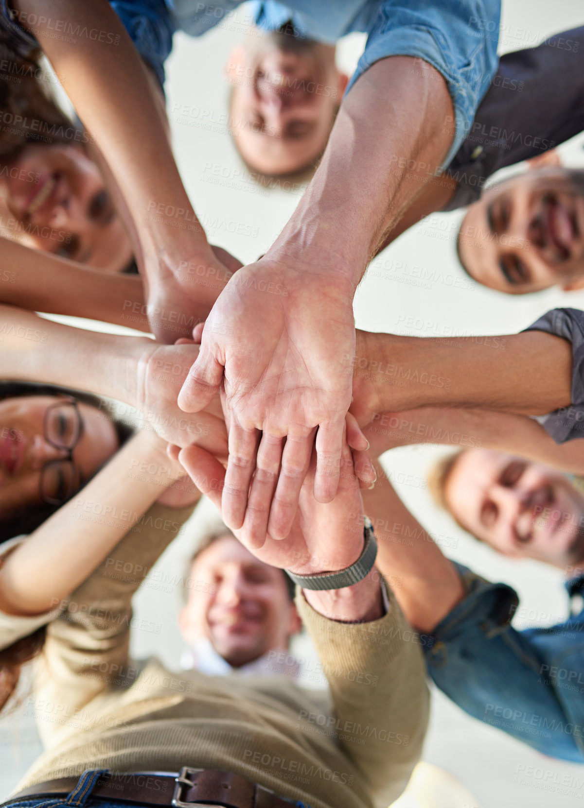 Buy stock photo Hands, stacked and business people from low angle in office, teamwork and collaboration with support for celebration on success of startup. Excited, staff and goal with trust of networking agreement