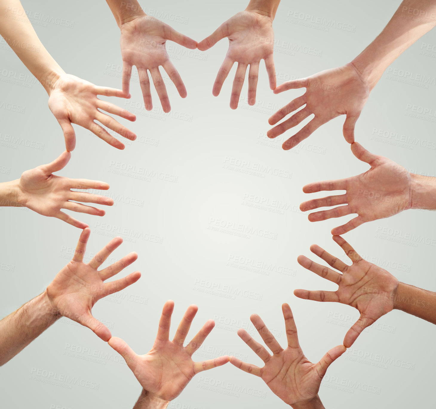 Buy stock photo Connection, support and hands of people in circle for community, solidarity and collaboration. Mockup, low angle and fingers with round shape on white background for motivation, trust and teamwork