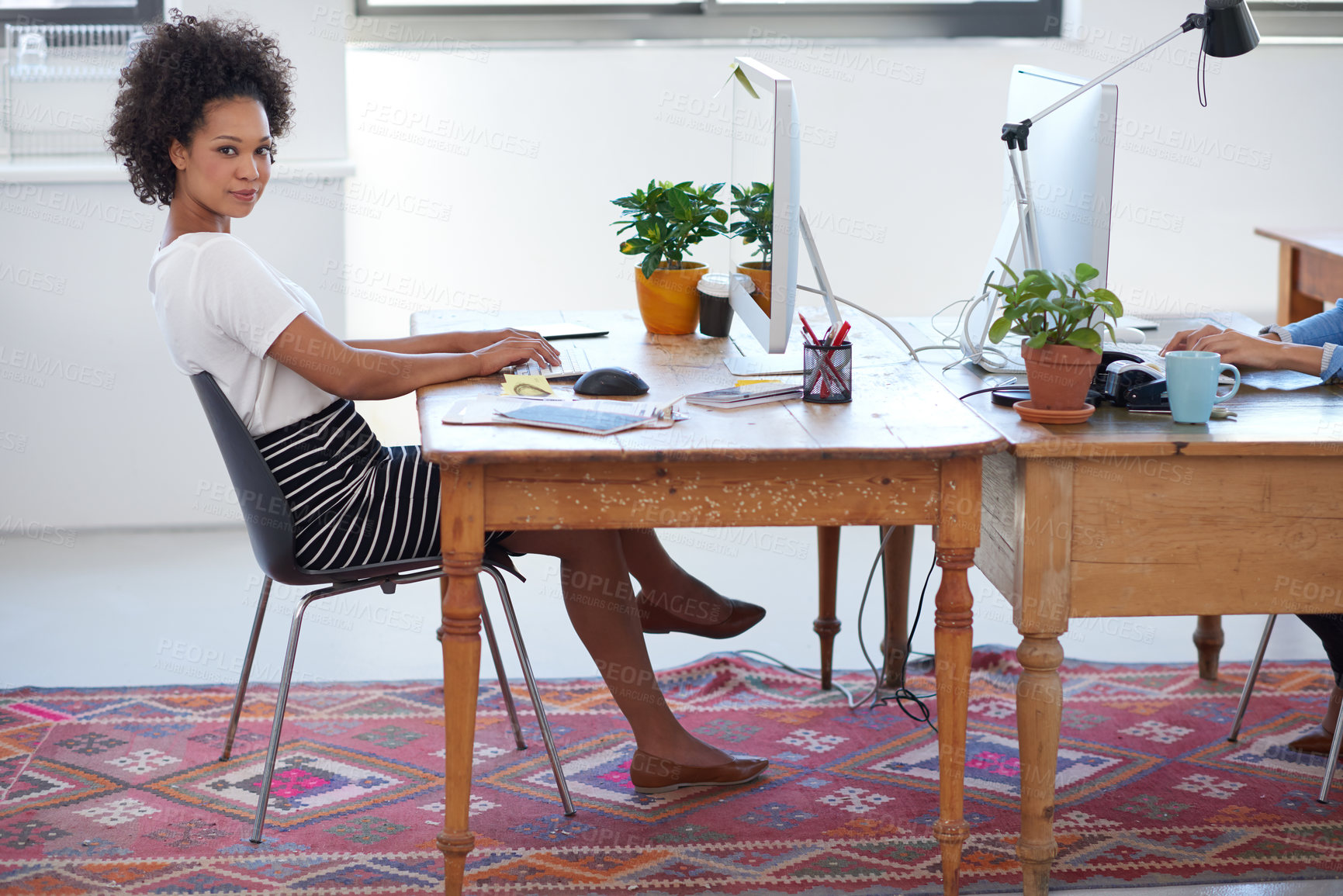 Buy stock photo African woman, confident or portrait in modern office on computer for project development or startup company. Web designer, coworking or proud person with technology in creative agency or business