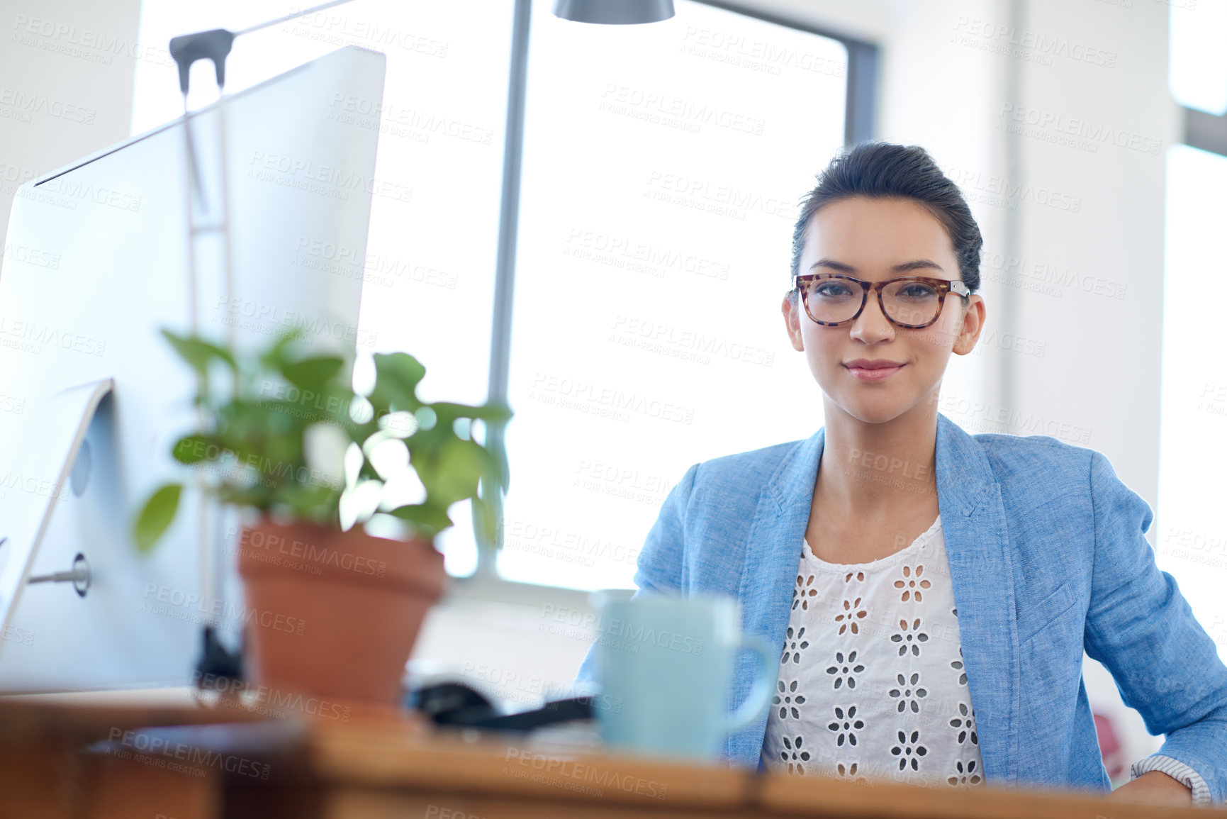 Buy stock photo Desk, monitor and portrait of woman with smile for creative career, digital communication and research. Happy, employee and writer with computer in office for copywriting, website and online schedule