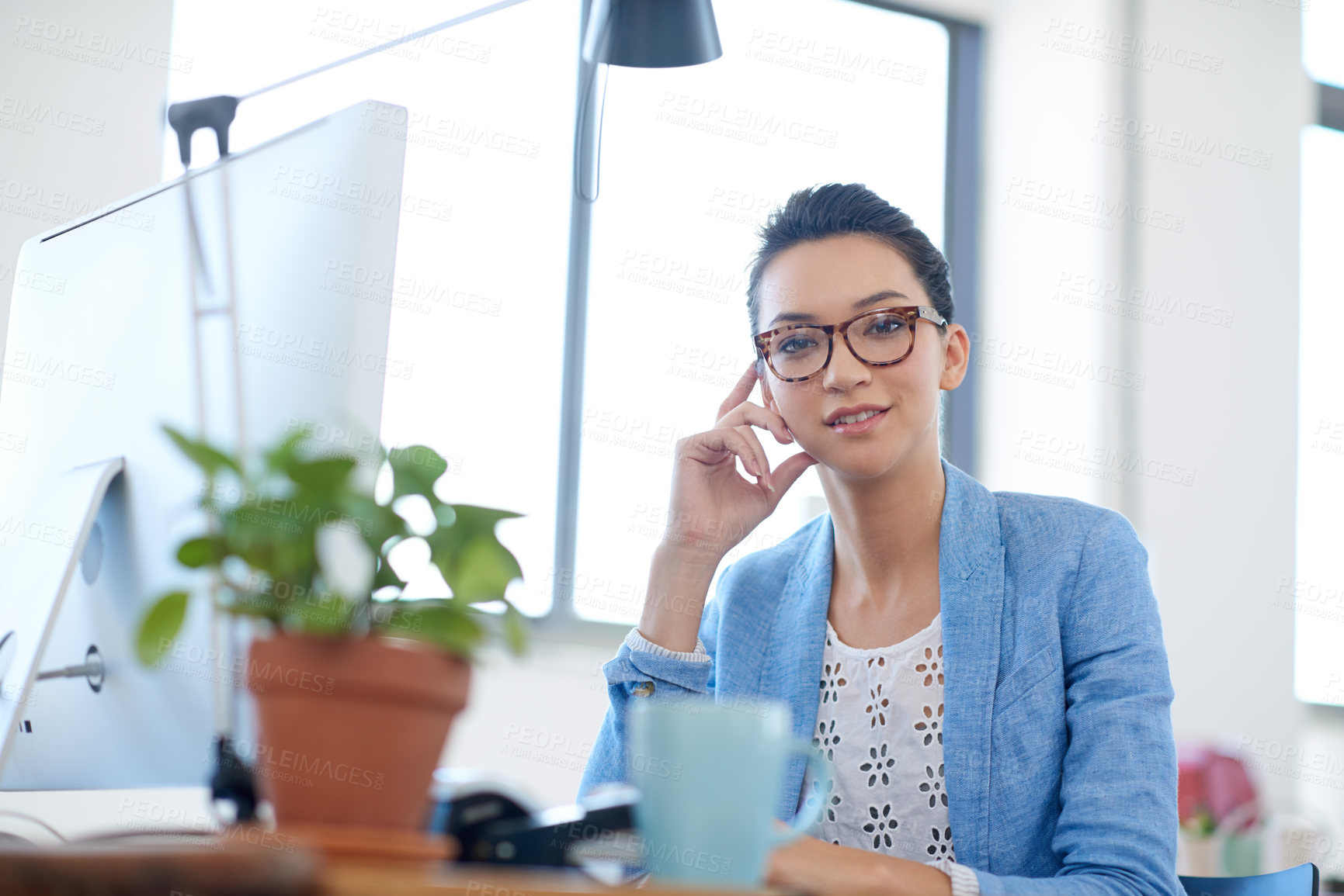 Buy stock photo Desk, computer and portrait of woman with smile for creative job, online schedule and research. Happy, writer and employee with monitor in office for copywriting, website and digital communication