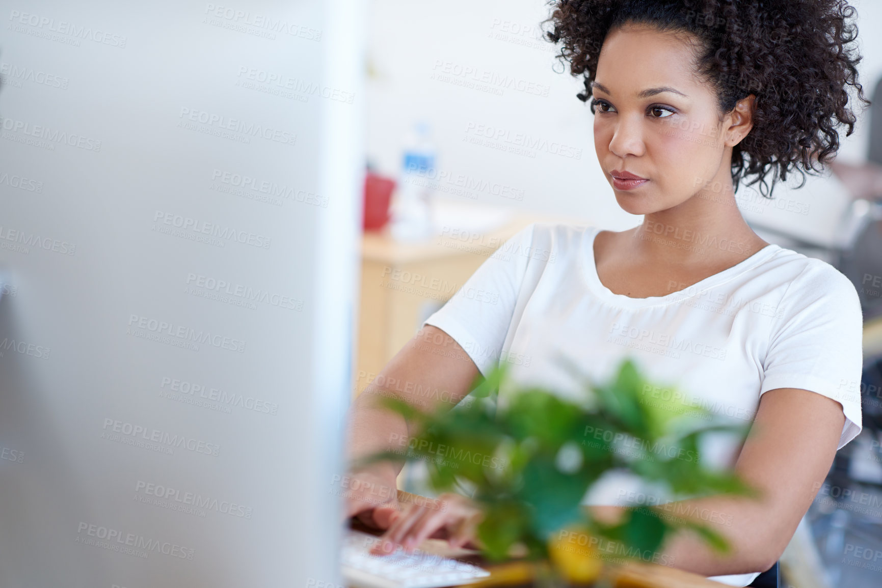 Buy stock photo Problem solving, startup or African woman on computer for project development or company in office. Web designer, reading and serious female person typing on technology in creative agency or business