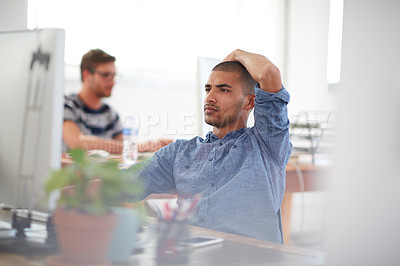 Buy stock photo Doubt, thinking or man on computer in startup for information technology, problem solving or online firewall. Creative technician, programming or confused web developer troubleshooting for solution