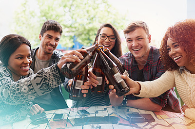 Buy stock photo Outdoor, celebration and friends with beer, toast and cheers with party and restaurant with social gathering. People, smile and group with alcohol and happiness and reunion with diversity or drinking