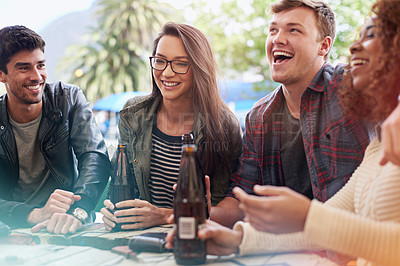 Buy stock photo Friends with beer, drinking and laughing together in pub, restaurant outdoors and reunion on weekend. People, men and women with social gathering, celebration and alcohol with happiness or joy 