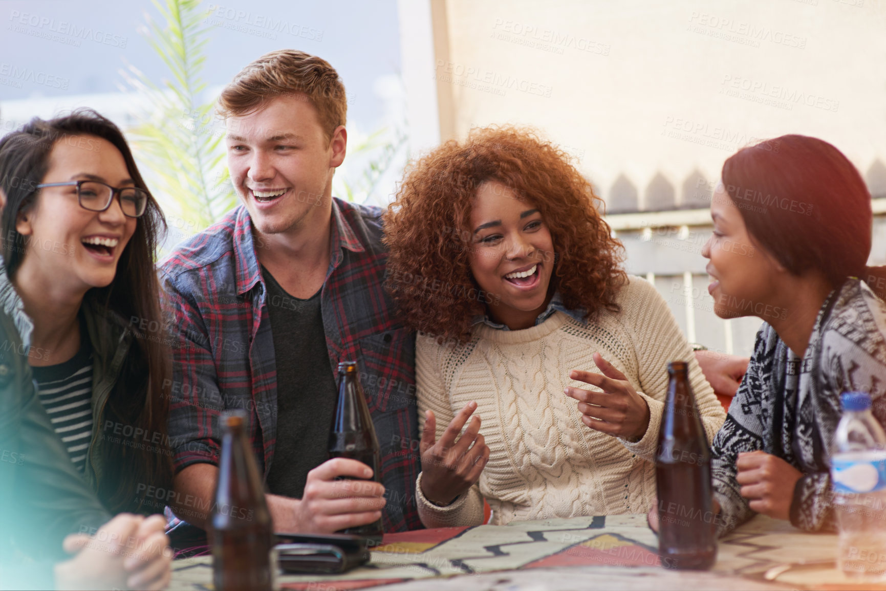 Buy stock photo People with alcohol, outdoor and laugh or drunk in pub, restaurant or drinking and reunion on weekend. Friends, man and women with social gathering together, celebration and beer with happiness