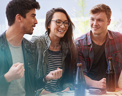 Buy stock photo People with alcohol, outdoor and laugh or funny in pub, restaurant or drinking and reunion on weekend. Friends, men and woman with social gathering together, celebration and beer with happiness