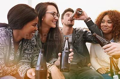 Buy stock photo Friends, beer and drink for celebration outdoor, bonding and fun with people together at party, social event or gathering. Happy, cheers for success or achievement, support and trust with alcohol