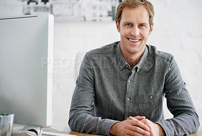 Buy stock photo Portrait, entrepreneur and man with computer in office, smile and internet for email, proposal and deal. Designer, desktop and person in business, monitor and digital for website, online and creative