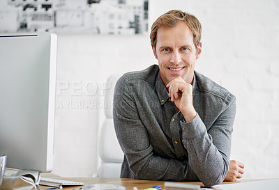 Buy stock photo Portrait, entrepreneur and man with confidence in office, smile and internet for email, proposal and deal. Designer, desktop and person in business, monitor and digital for website and creative