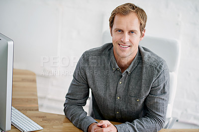 Buy stock photo Proud, entrepreneur and portrait of man in office, smile and internet for email, proposal and deal. Designer, desktop and person in business, monitor and digital for website and creative in workplace