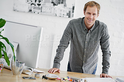 Buy stock photo Portrait, employee and man with smile in office, computer and internet for email, proposal and deal. Designer, entrepreneur and person in business, monitor and digital for website and creative