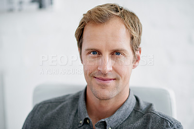 Buy stock photo Office, portrait and face of man with smile, startup and confident in creative agency and proud. Business, employee and person with happiness for career in public relations, copywriter and editor