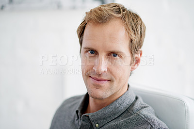 Buy stock photo Smile, businessman and face in office portrait for confidence and pride in creative startup agency. Male person or employee and happiness in freelance career with ambition to be copywriter and editor