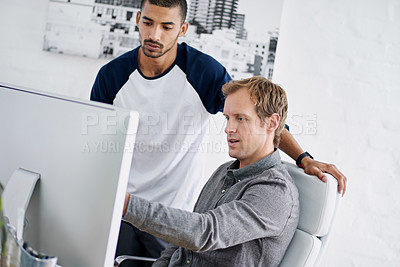 Buy stock photo Business people, mentor and men with computer, teamwork and conversation with planning, coaching or training for new system. Coworkers, employees or creative agency with pc, discussion or cooperation