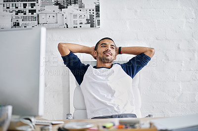Buy stock photo Black man, relax and thinking in office on break for idea, work and career at company with computer. Creative worker, rest and planning in workplace by desk for vision, ui and web design with tech