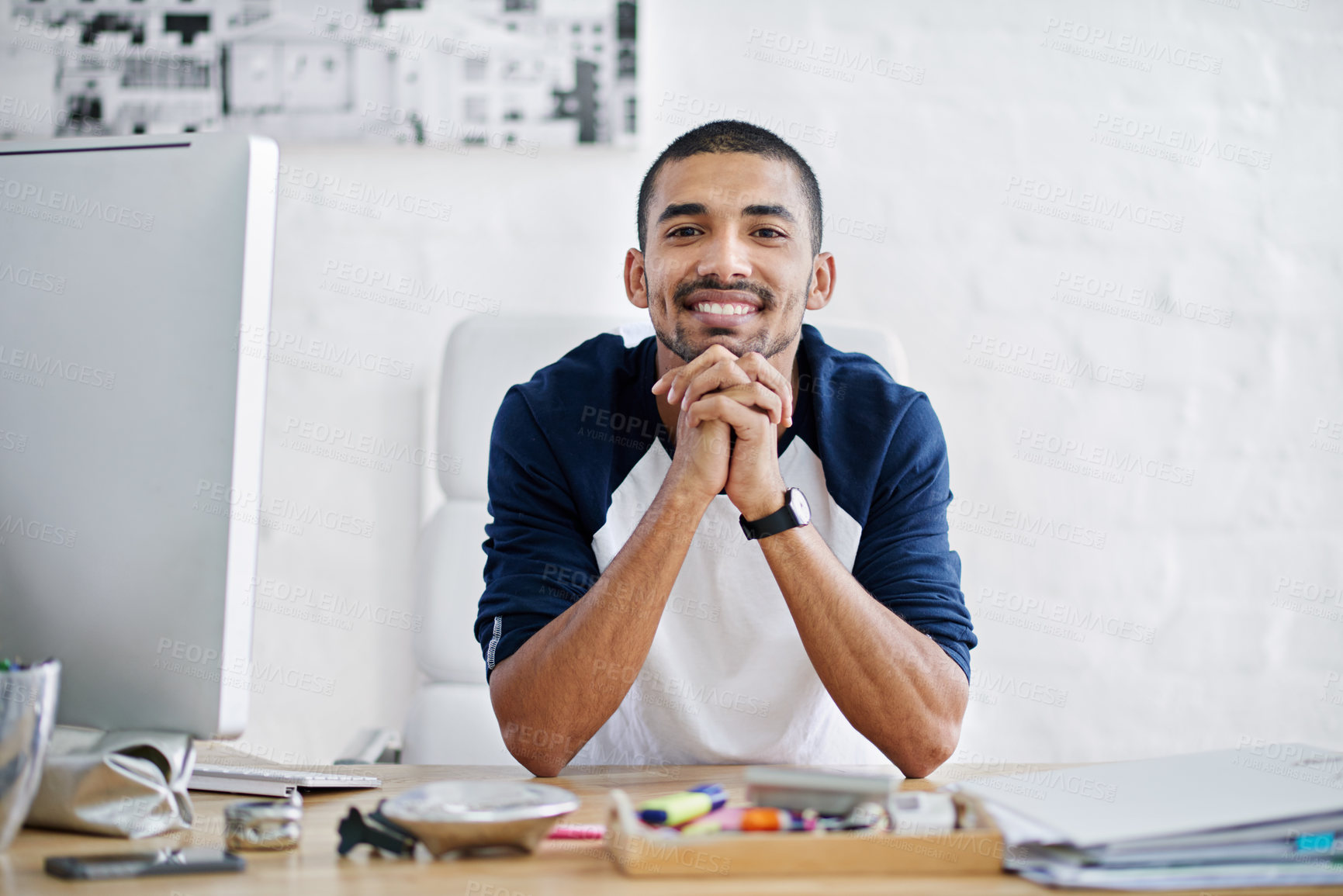 Buy stock photo Black man, portrait and thinking in office for strategy, work and startup company with computer. Creative worker, happy and planning in workplace by desk for vision, ui and web design with tech