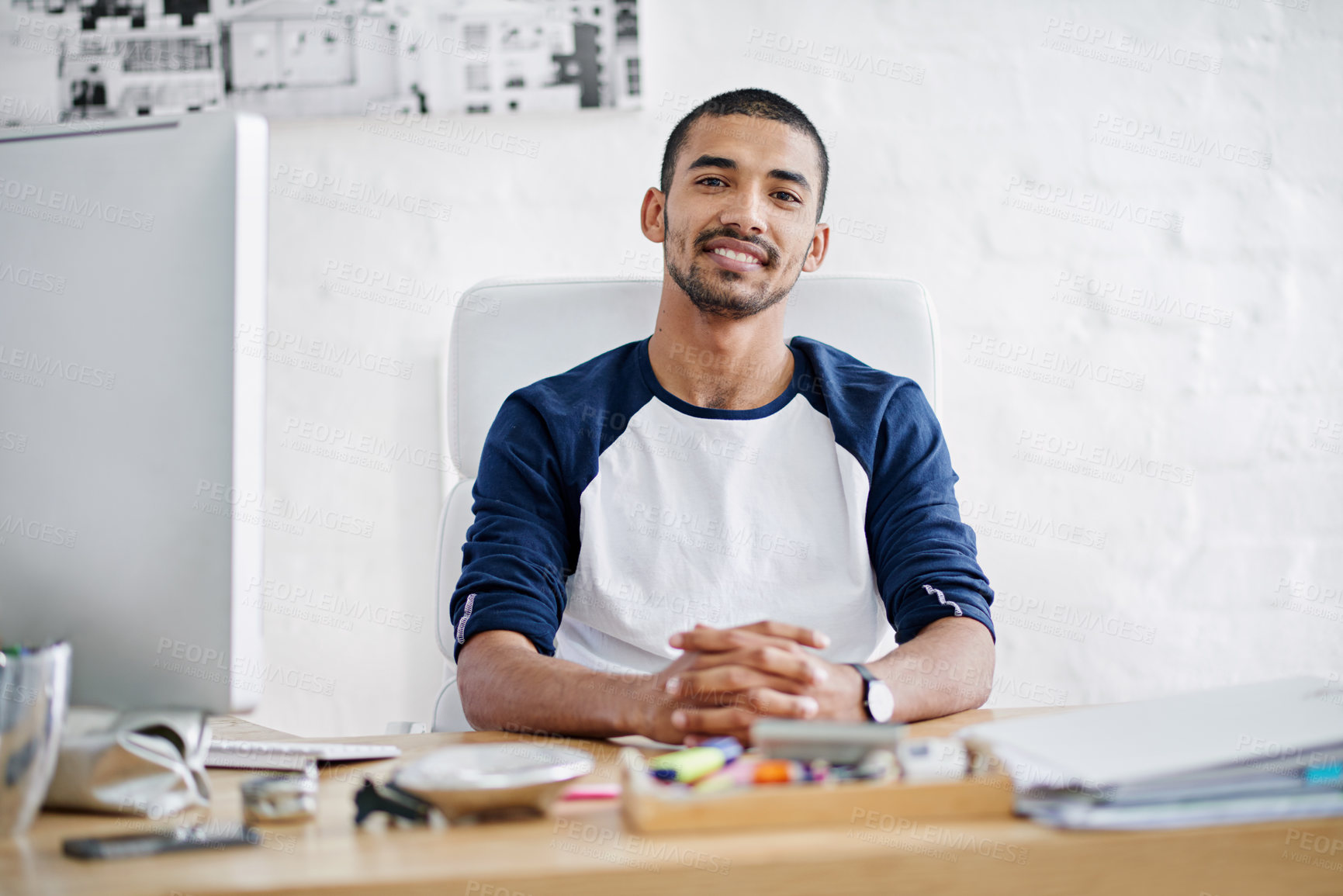 Buy stock photo Black man, portrait and confidence in office for strategy, work and startup company with computer. Creative worker, happy and planning in workplace by desk for website, ui and web design with tech