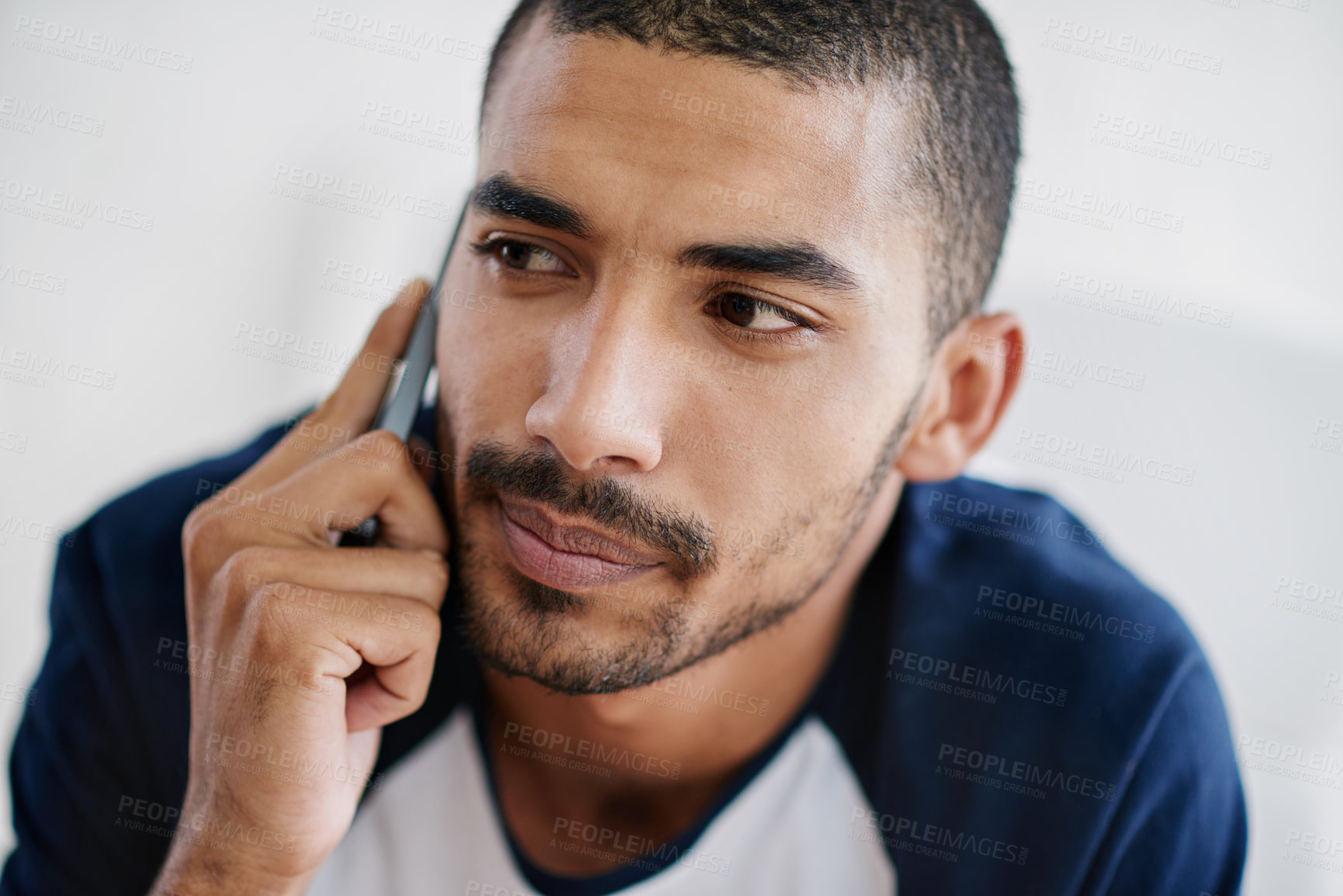 Buy stock photo Man, phone call and startup communication or talking for project funding or thinking, planning or decision. Male person, cellphone and conversation deal or negotiation networking, thoughts or idea