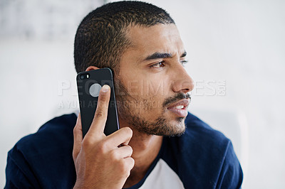 Buy stock photo Face, phone call and thinking with designer man in creative workplace for communication or networking. Negotiation, planning or problem solving with serious employee in office for mobile conversation