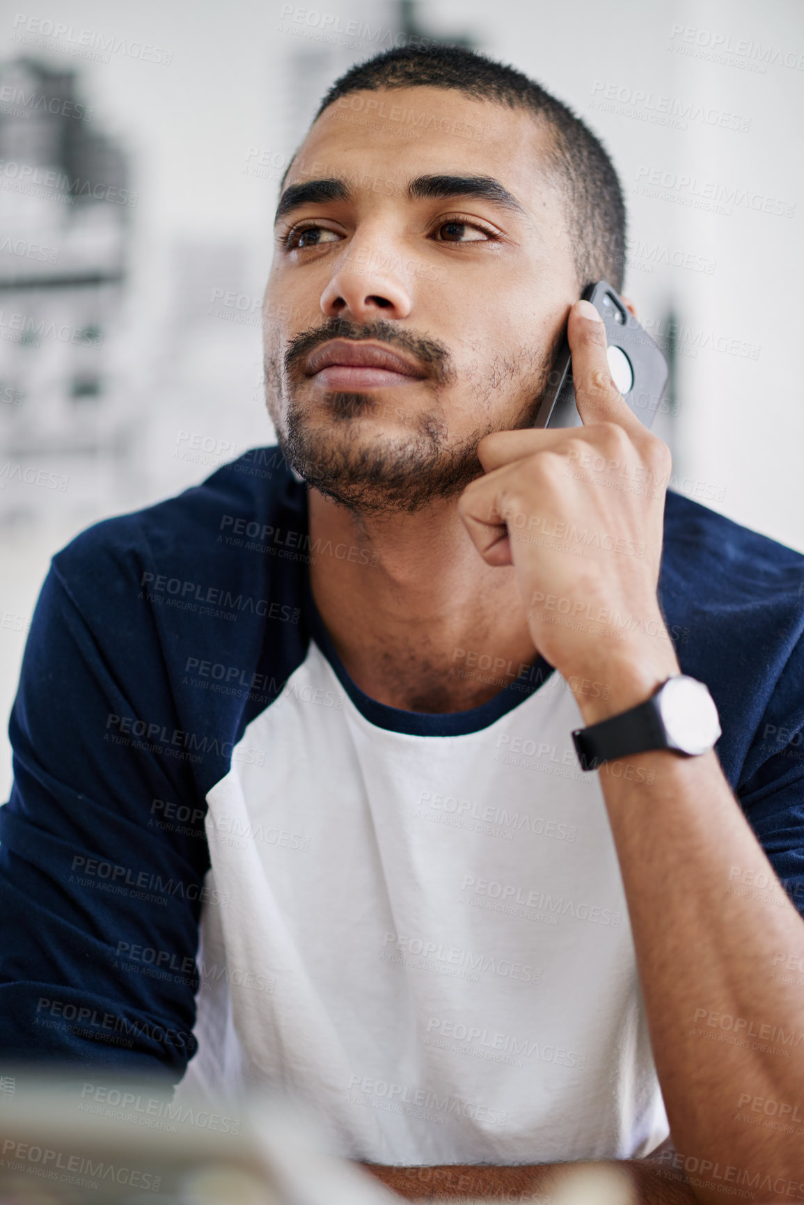 Buy stock photo Businessman, phone call and listen with communication in office for networking, conversation and chat. Creative person, designer and smartphone with discussion, talking and consulting in workplace