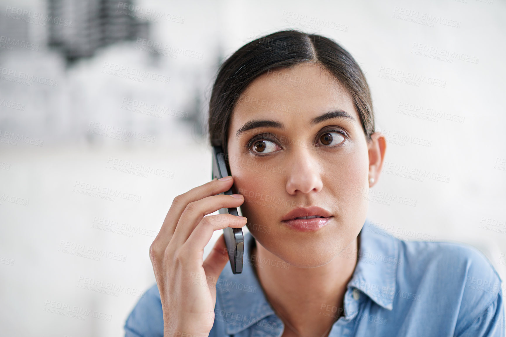 Buy stock photo Businesswoman, phone call and listen with communication in office for networking, conversation and chat. Creative person, designer and smartphone with discussion, talking and consulting in workplace