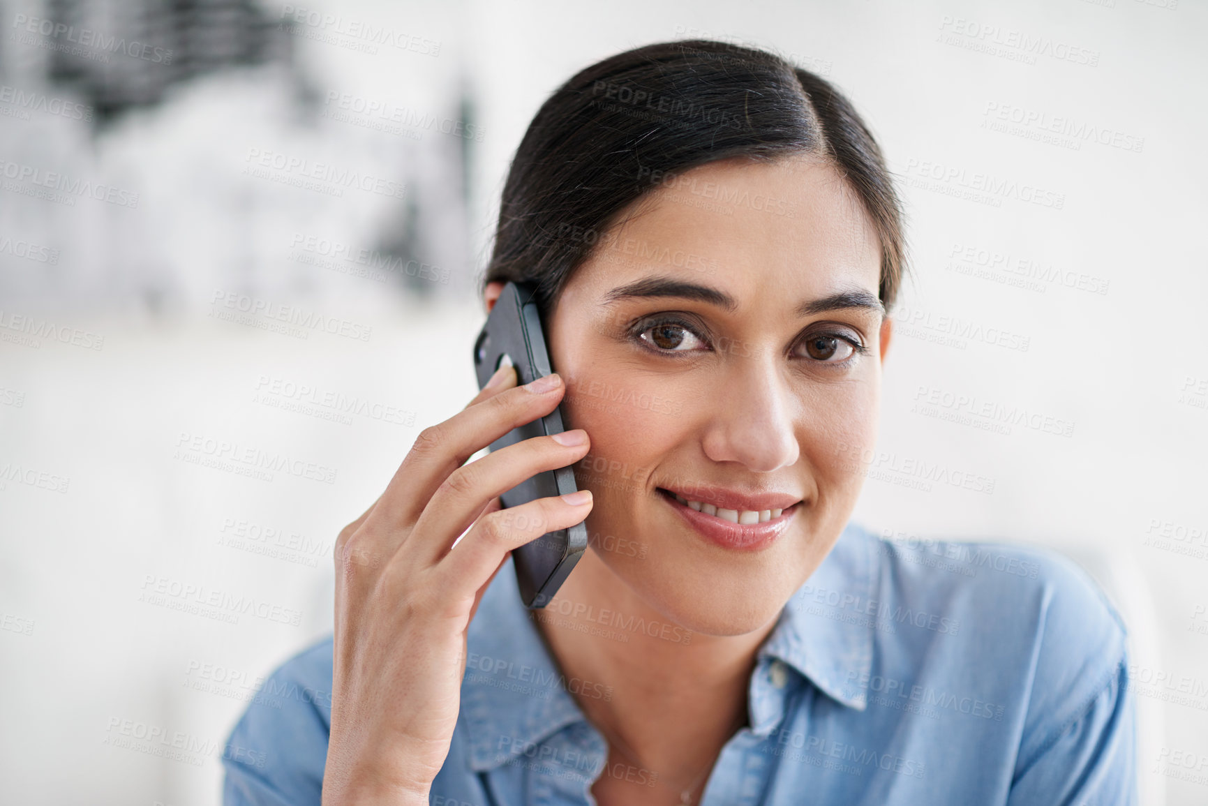 Buy stock photo Businesswoman, phone call and happy with communication in office for networking, conversation and chat. Creative person, designer and smartphone with discussion, talking and consulting in workplace