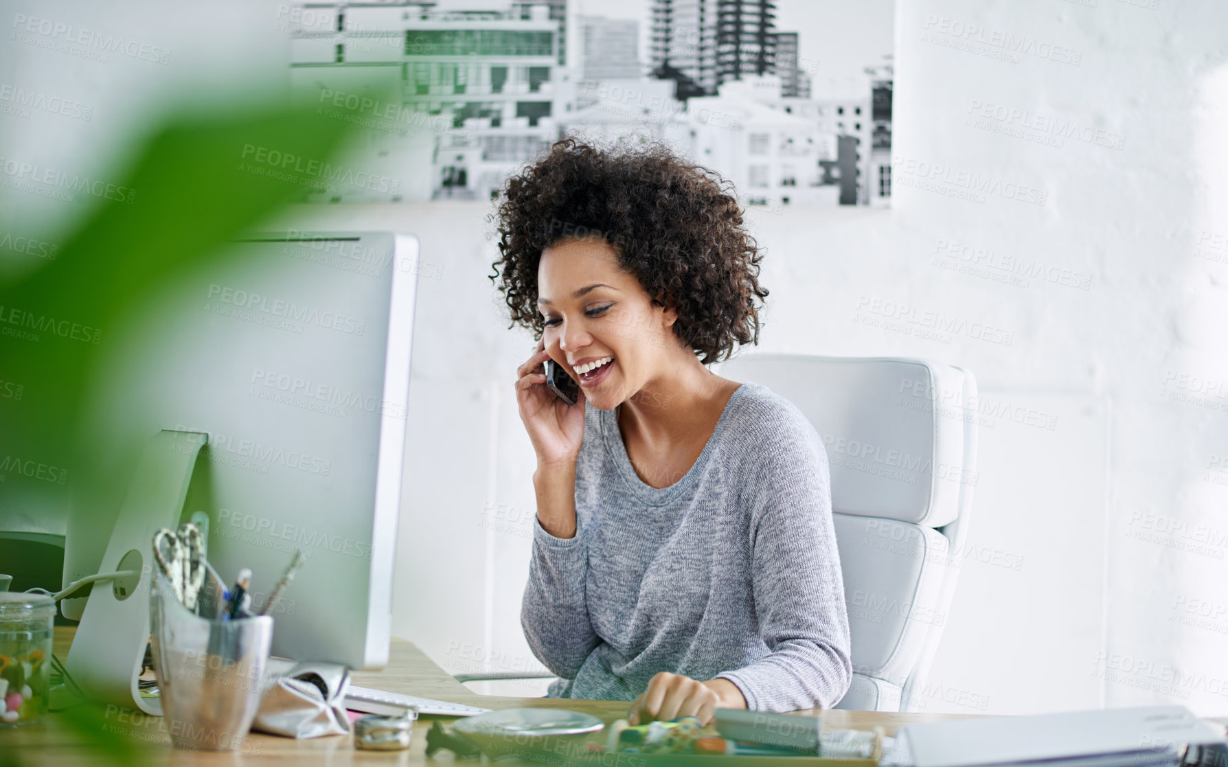 Buy stock photo Business, woman and phone call in office talking, conversation and smartphone with computer for online appointment. Receptionist, schedule and company information with employee, speaking and job
