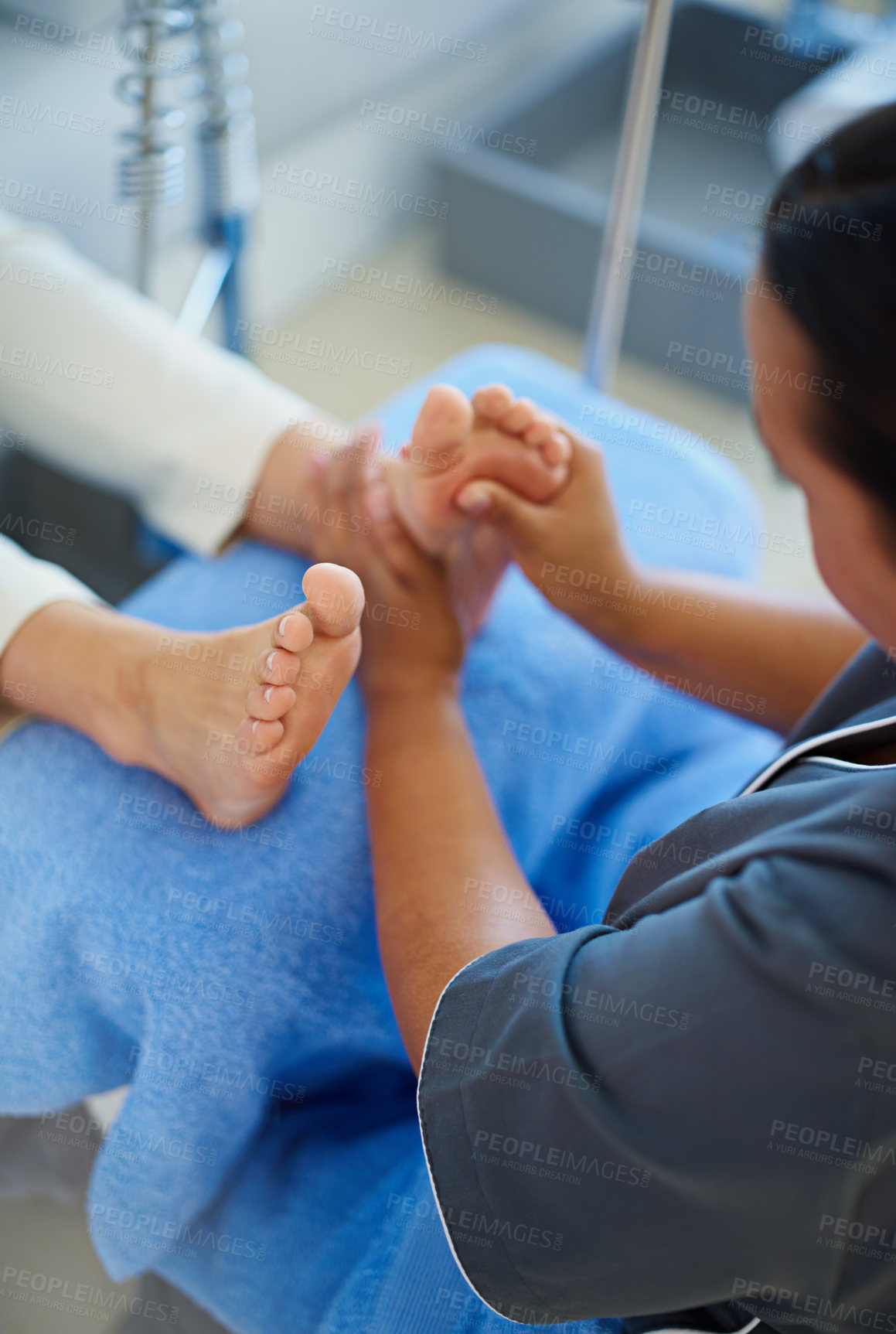 Buy stock photo Woman, feet and relax with masseuse for massage, beauty treatment or pedicure at spa. Closeup of foot or female person with therapist or beautician for skincare, pamper or physical therapy at salon